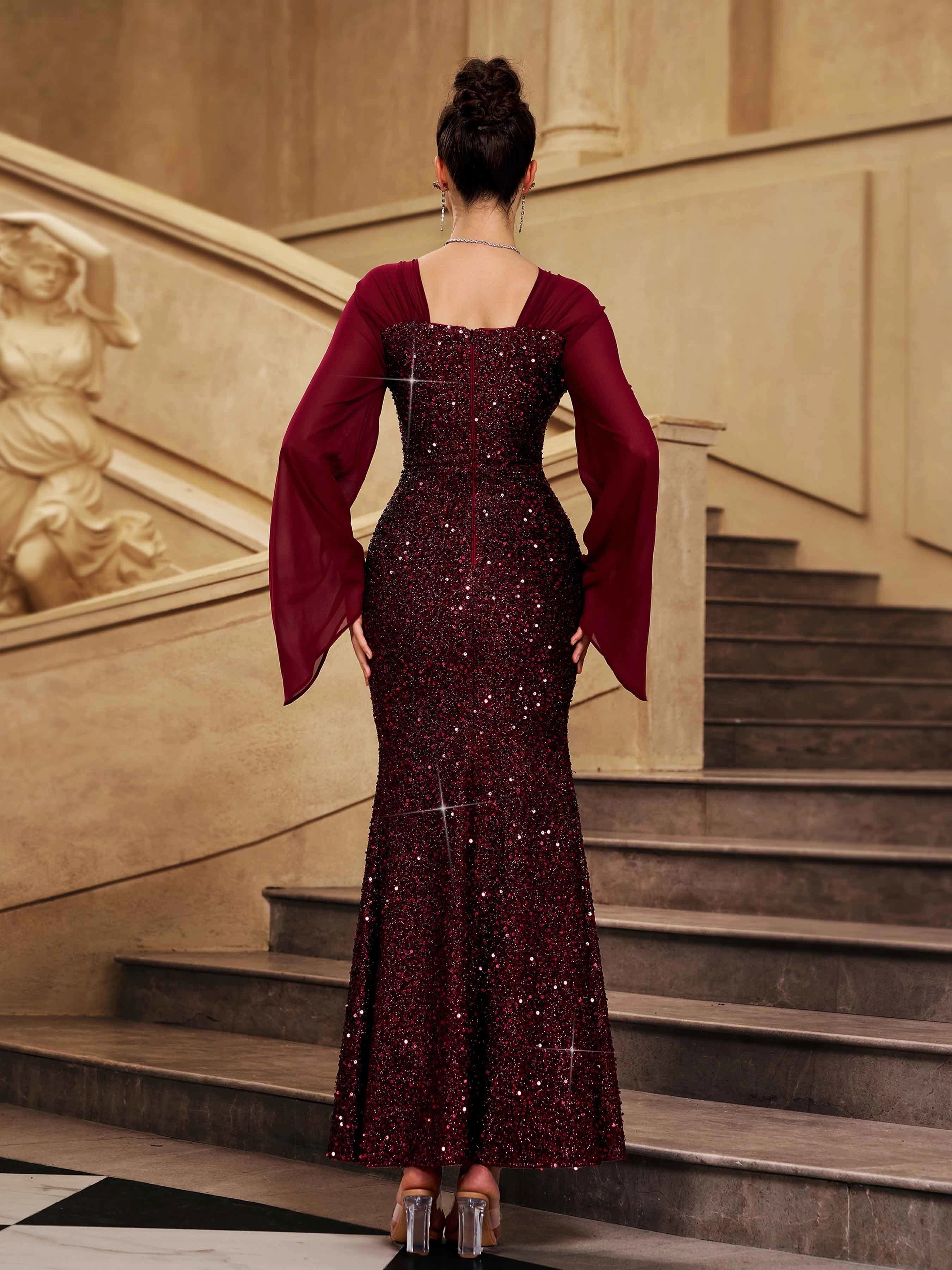 Luxury Mermaid Square Neck Bell Sleeve Back Zip Floor-Length Prom Dress